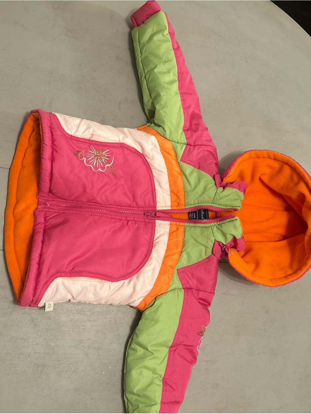 Rothschild Colorblock Hooded Puffer Jacket in Pink, Orange, Light Green, Cream